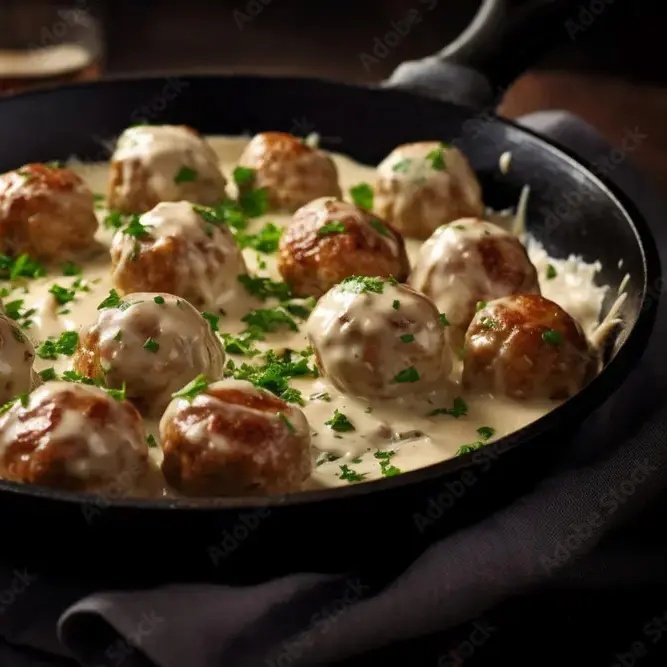 creamy meatballs in a skillet