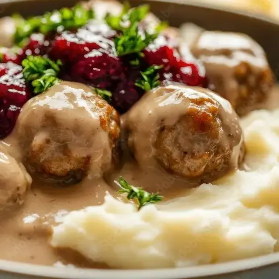 meatballs with gravy on top of mashed potatoes and cranberry sauce