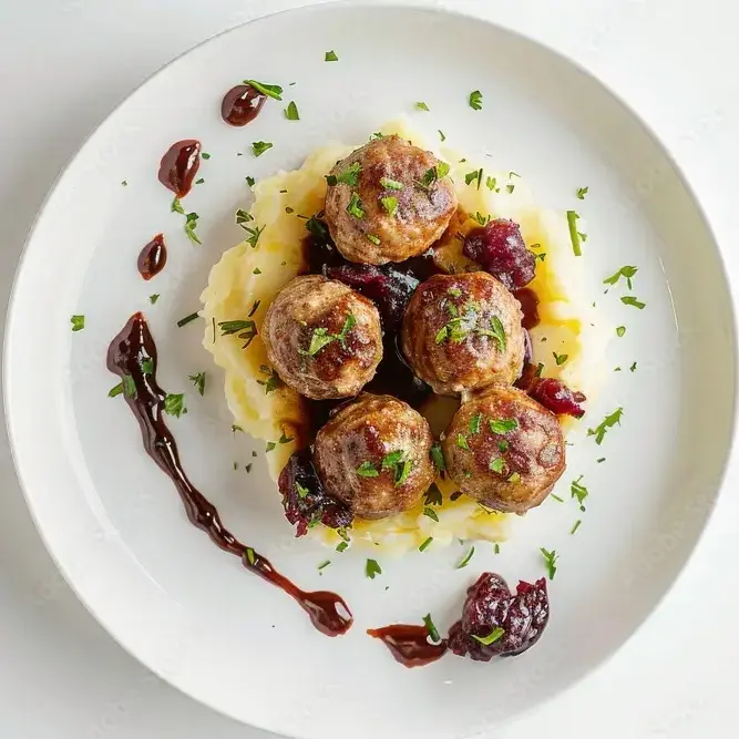 meatballs on top of mashed potatoes with a dark brown sauce around it on the plate